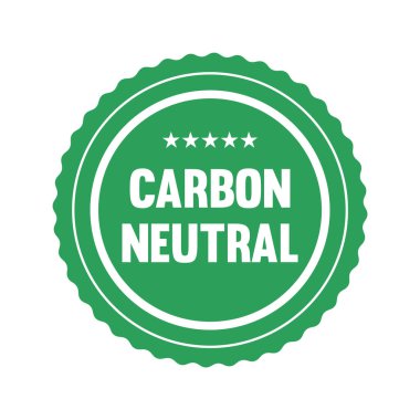 Yeşil karbon nötr damga ya da logo. Karbondioksit nötr onaylı yuvarlak amblem. Sıfır emisyon kavramı. Karbon nötr ürün etiketi. Sıfır karbon ayak izi sektörü işareti. Vektör illüstrasyonu, düz, klip sanatı. 