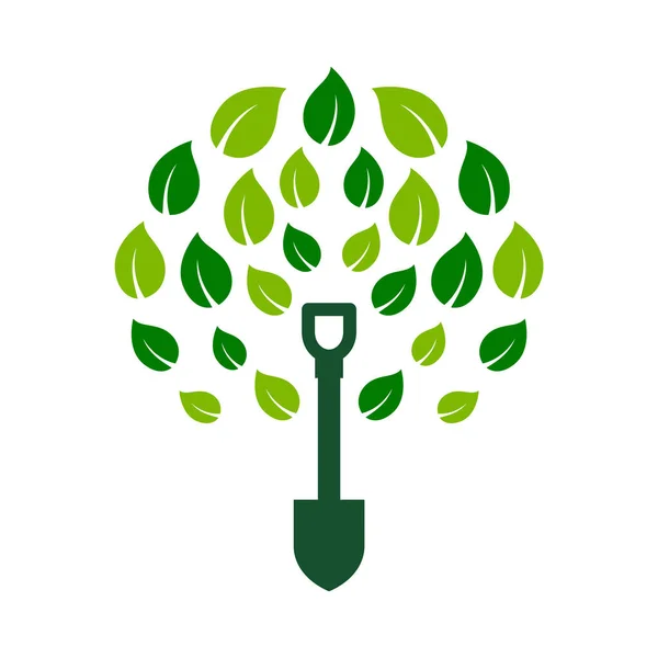 Concepto Reforestación Árbol Con Pala Planta Una Idea Árbol Logotipo — Vector de stock