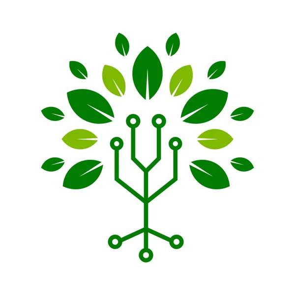 Símbolo Verde Del Árbol Tecnológico Elementos Placa Circuito Con Hojas — Vector de stock