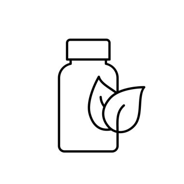 Besin takviyesi şişe hattı ikonu. Bitki bazlı ilaç. Yapraklı hap şişesi. Vitamin ve mineral tabletleri. Beslenme ürünleri. Bağışıklık için antioksidan. Vektör illüstrasyonu, düz, klip sanatı.