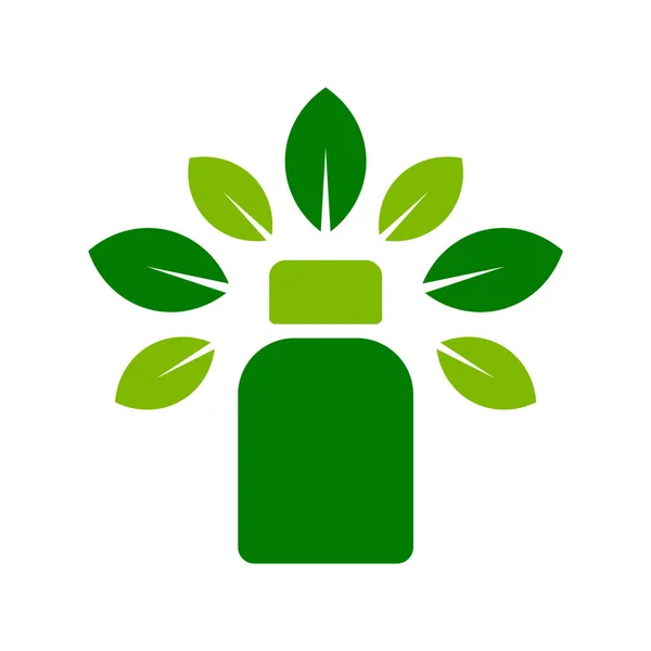 Icona Logo Del Supplemento Nutrizionale Flacone Pillola Verde Circondato Foglie — Vettoriale Stock