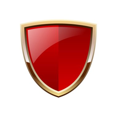 Kırmızı ve altın renkli parlak bir kalkan. Parlak metalik ortaçağ arması. Lüks hanedan logosu. Koruma ve güvenlik kavramı. Mesaj için yer. Güçlü ve kudretli. Vektör illüstrasyonu, düz, klip sanatı.