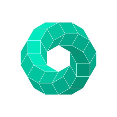 İmkansız toroidal çokyüzlü. Yeşil olanaksız sonsuz şekil. Kutsal geometri figürü. Optik yanılsama. Çarpık altıgen obje. Zorlu spiral eşkenar dörtgen. Vektör illüstrasyonu, düz, klip sanatı