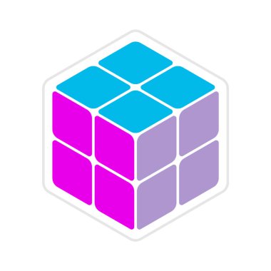 Soyut renkli bir küp. 2x2 küp bulmacası. Pembe, lavanta rengi, mavi logo şablonu. Parçalı kare oyuncak. İnşaat endüstrisi ve mimari çözüm konsepti. Vektör illüstrasyonu, 3D, klip sanatı. 