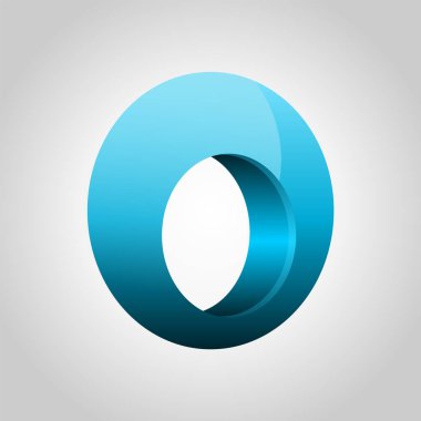 Mavi O harfi logo şablonu. Parlak sıfır numara. Soyut, içi boş, parlak bir çember. Açık mavi 3D yüzük ikonu. Mobius şeridi. Tasarım elemanı. Gölgeli çörek sembolü. Vektör illüstrasyonu, klip sanatı. 