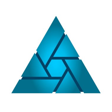 Mavi gradyan soyut üçgen logosu. Geometrik şekillerden oluşan üçgen (altıgen, dikdörtgen, çokgen). Teknoloji konsepti. Birlik farklı unsurlardan oluşturuldu. Vektör illüstrasyonu, düz, klip sanatı 