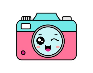 Şirin kawaii kamera gülümsüyor ve göz kırpıyor. Çizgi film karakteri fotoğraf ekipmanları. Tişört tasarım elemanı. Pembe ve mavi kamera ikonu. Küçük aynasız kamera. Vektör illüstrasyonu, düz, klip sanatı. 