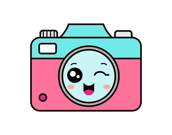 Cute Kawaii Câmera Sorrindo Piscando Desenhos Animados Equipamento Fotográfico Personagem —  Vetores de Stock