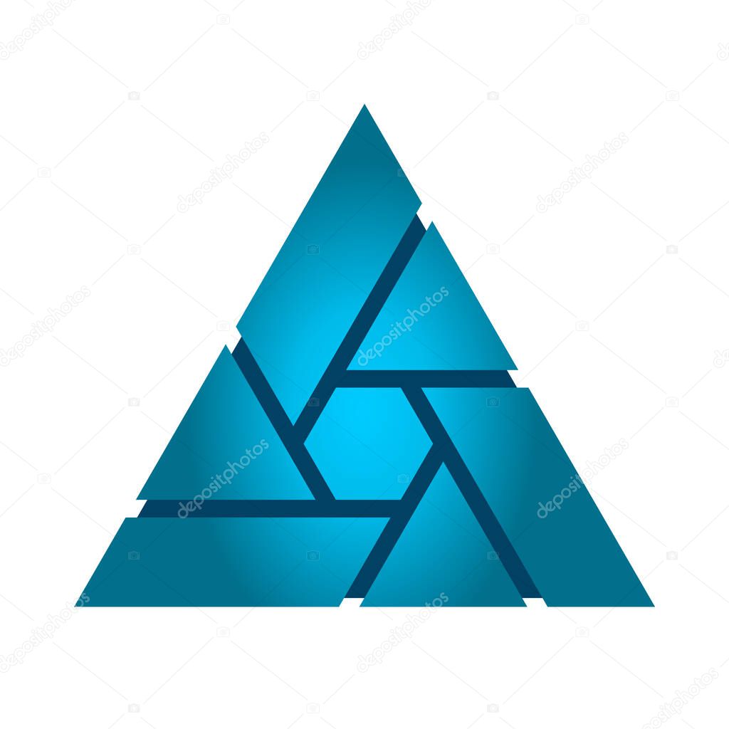 Blue gradient abstract triangle logo. Triangle made of geometric shapes (hexagon, rectangle, polygon). Technology concept. Union assembled from different elements. Vector illustration, flat, clip art