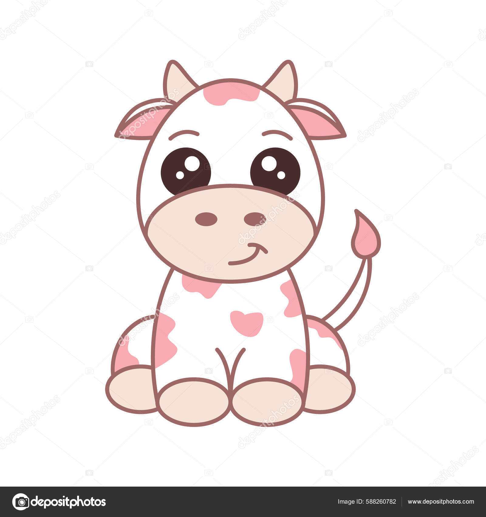 Cute Pink Strawberry Cow Funny Animal Cartoon Character Cow Sitting