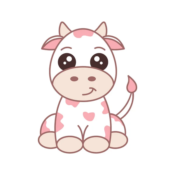 Cute Pink Strawberry Cow Funny Animal Cartoon Character Cow Sitting — Stockvector