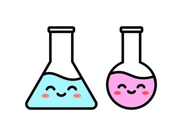 Kawaii Lab Flask Two Cute Laboratory Equipment Characters Back School —  Vetores de Stock