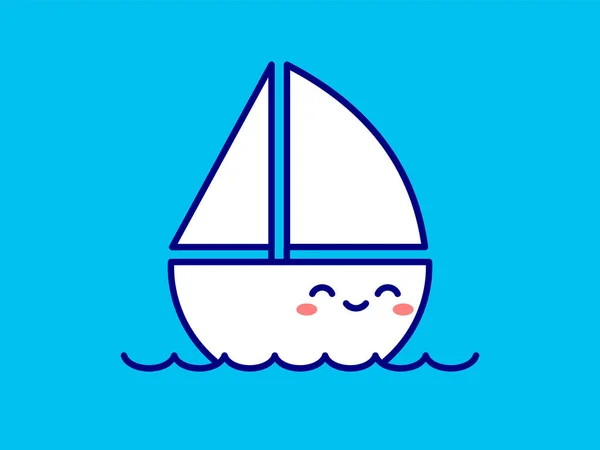 Bella Barca Sfondo Blu Kawaii Barca Vela Sorridente Nave Bianca — Vettoriale Stock