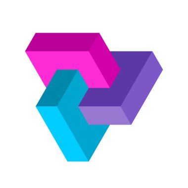 Colorful 3D logo. Three elements unity symbol. Impossible shape made of three bricks. Esher impossible sign. Rectangles make connected complete and harmonious whole. Vector illustration, clip art. 