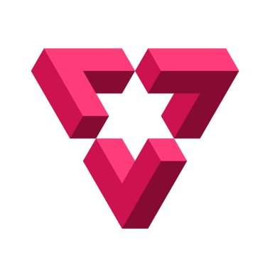 Impossible red triangle. Penrose shape. Esher geometric object. Optical illusion visual effect. Logo template made of three symmetric parts with star in the middle. Vector illustration, 3D, clip art. 