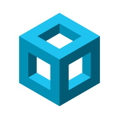 Blue 3D cube frame. Square geometric shape. Construction and architecture industry concept. Isometric cube skeleton logo. Empty building block. Abstract room walls idea. Vector illustration, clip art 