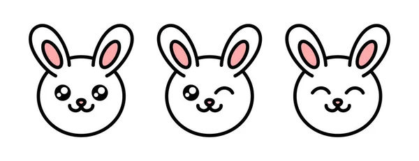 Cute White Rabbit Face Set Bunny Emoticon Smiling Winking Kawaii — Stok Vektör