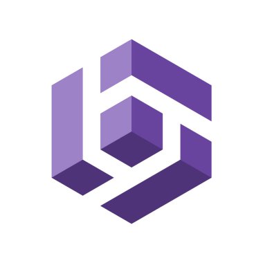 Letter B 3D logo. Letters B, T in a 3D cube. Numbers 6 and 9 in isometric box. Lavender colors. Hexagon shape. Stylized stripes make modern monogram. Linear initials. Vector illustration, clip art.