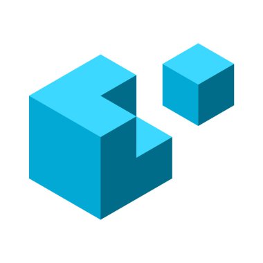 Blue 3D cube with missing piece. Geometric object with one part detached. Logic puzzle game. Problem solving concept. Reaching goal idea. Unity. Well fitted box elements. Vector illustration, clip art