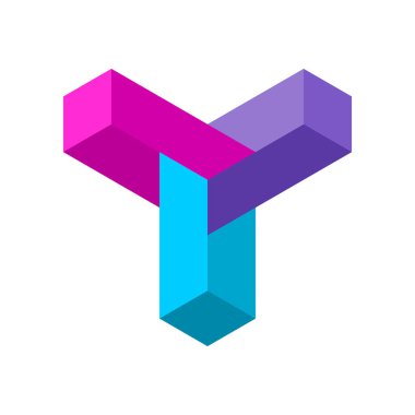 Colorful Y logo template. Infinite geometric shape. 3D letter Y made of blocks. Three rectangles optical illusion. Penrose Esher Impossible figure. Endless object effect. Vector illustration, clip art