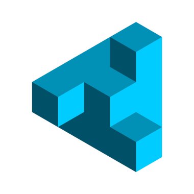 Blue triangle made of cubes. Structure with rooms optical illusion. Architecture, construction, building concept. Geometric isometric shape. Corporate logo template. Vector illustration, 3D, clip art