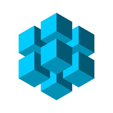 Blue cubes floating in the air. Block chain technology. Cloud data storage concept. Big square made of 8 small boxes. Geometric hexagon. Abstract cryptocurrency icon. Vector illustration, clip art. 