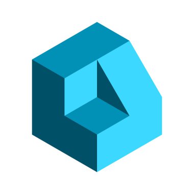 3D cube geometric shape. Building, architecture, construction idea. Abstract house with roof and terrace. Puzzle game. Letter L logo template. Isometric visual effect. Vector illustration, clip art. 