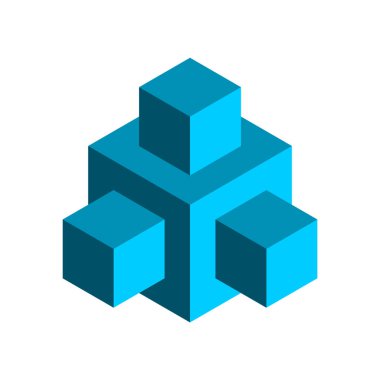Blue tower made of cubes. Construction, architecture concept. Puzzle game blocks. Abstract geometric technology shape. Square isometric projection. Building element. Vector illustration, clip art. 