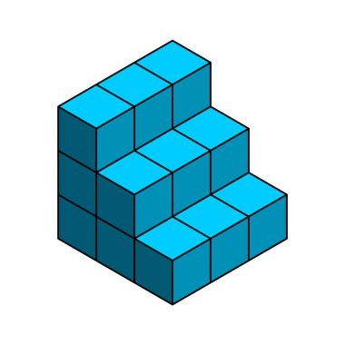 3D stairs made of cubes. Blue staircase with outline. Geometric shape. Isometric projection. Design element. Infographic template. Ascending concept. Climbing idea. Vector illustration, clip art. 