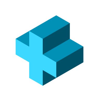 Blue 3D cross made of cubes. Isometric plus sign. Mathematical symbol. Algebra addition operation. Christianity religion metaphor. Geometry shape. Logo template. Vector illustration, clip art.  