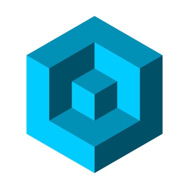 Blue cube in a cube optical illusion. 3D geometric object. Construction, architecture, building concept. Hexagon shape. Small box inside big box. Logo template. Puzzle. Vector illustration, clip art