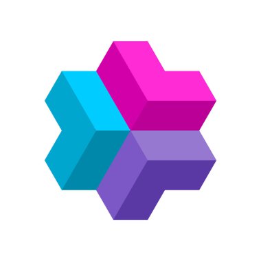 Colorful logo with three 3D arrows. LLL geometric logotype template. Arrowheads meeting in the middle. Central direction. Polygonal shape elements. Connected objects. Vector illustration, clip art. 