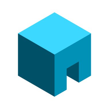 Açık kapılı mavi 3D küp. Giriş konsepti. Kutu şekli izometrik nesne. Mimarlık, inşaat, inşaat endüstrisi. Geometrik blok yapısı. Altıgen tasarımı. Vektör illüstrasyonu, klip sanatı. 