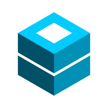 Üç boyutlu küp şeklinde ve iki yarısı var. Isome altıgen nesnesi. Paket kutusu konsepti. Mavi blok elementi, üstünde iki parça ve beyaz dikdörtgen var. Akıllı dağıtım konsepti. Vektör illüstrasyonu, klip sanatı