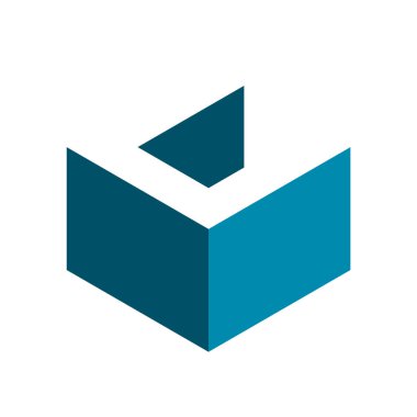 C harfi küp logosu. Uzun gölge efektli üç boyutlu izometrik blok şekli. Üzerinde beyaz C harfi olan mavi kulübe. İnşaat endüstrisinin sembolü. İş ve ekonomi programı. Vektör illüstrasyonu, klip sanatı. 