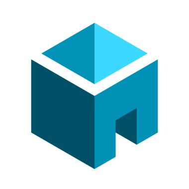 Çatısı olan mavi geometrik küp ev. Üç boyutlu kutu şeklinde ve açık kapısı var. İnşaat, bina, mimari logo şablonu. Oda iç tasarımı konsepti. Gayrimenkul. Vektör illüstrasyonu, klip sanatı. 