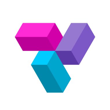Renkli 3D pervane şeklinde. Dönen üç dinamik dikdörtgen. İzometrik blok elementleri. Bir merkezde birbirine bağlı üç tuğla element. Geometrik logo şablonu. Vektör illüstrasyonu, klip sanatı