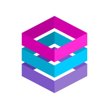 Üç elementten oluşan modern renkli teknoloji logosu. Üç boyutlu dikdörtgen çerçeve yığını. Sunucu rafı konsepti. Bulut hesaplama depolama çözümleri. Paketleme şirketi. Vektör illüstrasyonu, klip sanatı.