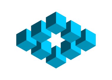 Mavi 3D küp optik illüzyon. Küçük küplerden yapılmış dikdörtgen şeklinde. Ortasında altı köşeli yıldız olan imkansız çokgen cisim. Havada yüzen geometrik blok. Vektör illüstrasyonu, klip sanatı