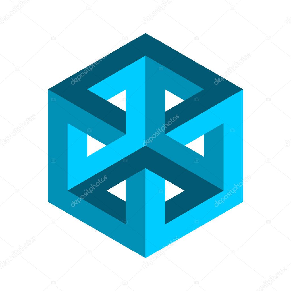 Blue impossible rectangle penrose shape. Esher geometric object. Hexagon cube design element. Intertwined double square. Optical illusion. Visual effect. Modern logo. Vector illustration, clip art.