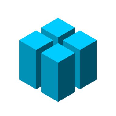 Altıgen şeklinde dört mavi sütun. İnşaat, mimarlık, inşaat endüstrisi. Güçlü geometrik nesne konsepti. Gayrimenkul 3D logo şablonu. Modern şehir fikri. Vektör illüstrasyonu, klip sanatı. 