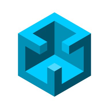 Mavi soyut 3D küp nesne. Kirişli mimari özellikler. Isometric projeksiyon. Emlak, inşaat, inşaat endüstrisi. Oda duvarları. Şekil öğesini engelle. Vektör illüstrasyonu, klip sanatı. 