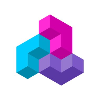 Üç renkli L harfi logo şablonu. 3 boyutlu küp tasarım elementleri. Oklar farklı yönleri gösteriyor. Basit mavi, pembe, mor geometrik şekiller 3 boyutlu bloklardan yapılmış. Vektör illüstrasyonu, klip sanatı. 