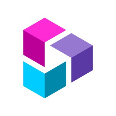 Üçgen sembolünü 3 boyutlu küp elementler içinde oynat. İzometrik blok şekilleri birliği sağlar. Renkli iş logosu. Teknoloji ve medya endüstrisi. Mobil uygulama için video düğmesini oynat. Vektör illüstrasyonu, klip sanatı.