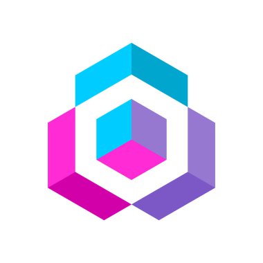 Renkli küp logo şablonu. Isometric blok şekilleri. Altıgen tasarım elementi. Mavi, mor, pembe. Geometrik kutuda üç parça var. Bulmaca oyunu parçaları. Çözüm konsepti. Vektör illüstrasyonu, klip sanatı.