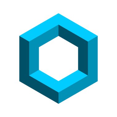 Mavi imkansız altıgen. Esher penrose şeklinde. Şirket logosu şablonu. Kutsal geometri. Sonsuzluk kavramı. 3D izometrik geometrik küp çerçeve. İnşaat endüstrisi fikri. Vektör illüstrasyonu, klip sanatı.