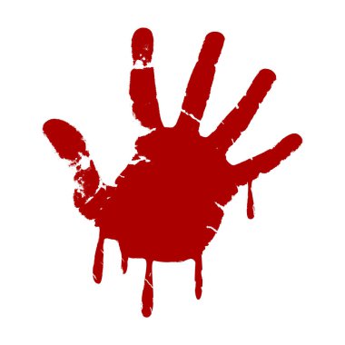 Kan damlayan kanlı el izi. Üzerinde kan damlaları olan kırmızı avuç izi. Korkunç Cadılar Bayramı konsepti. Şiddet kurbanı. Korku filmi fikri. Olay yeri inceleme. Vektör illüstrasyonu, klip sanatı. 