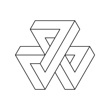 Üç imkansız üçgen şekil. Penrose esher geometrik nesnesi. Satır simgesi. Sonsuz süreklilik kavramı. Kutsal geometri. Optik illüzyon, akıl oyunu. Sonsuzluk fikri. Vektör illüstrasyonu, klip sanatı. 