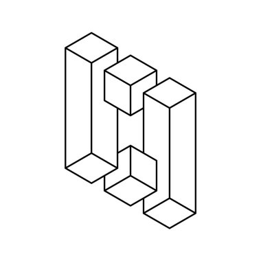 İmkansız geometrik şekil çizgisi simgesi. Küpler ve dikdörtgenler üç boyutlu perspektifte. Optik illüzyon, görsel efekt, akıl oyunu. Esher Penrose nesnesi havada süzülüyor. Isometric şekli. Vektör illüstrasyonu, klip sanatı