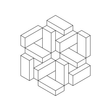 Dikdörtgenden yapılmış karmaşık geometrik nesne. İmkansız altıgen şekil çizgisi simgesi. Eşsiz izometrik yansımayı engeller ya da tuğlalar. Penrose Esher figürü. İnşaat. Vektör illüstrasyonu, klip sanatı. 